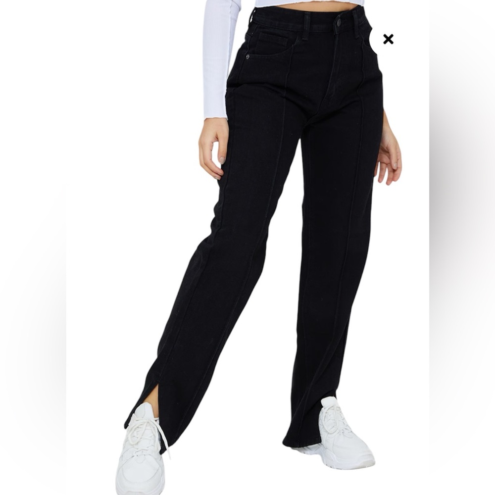 Pretty Little Thing Petite Black Front Seam Split Hem Denim Jeans Size 10